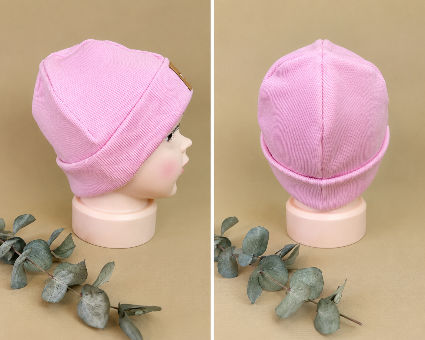 uppenkopf mit handgemachter Hipster Beanie Mütze in Rosa – Seitenansicht links, Rückansicht rechts | OhMamaLina