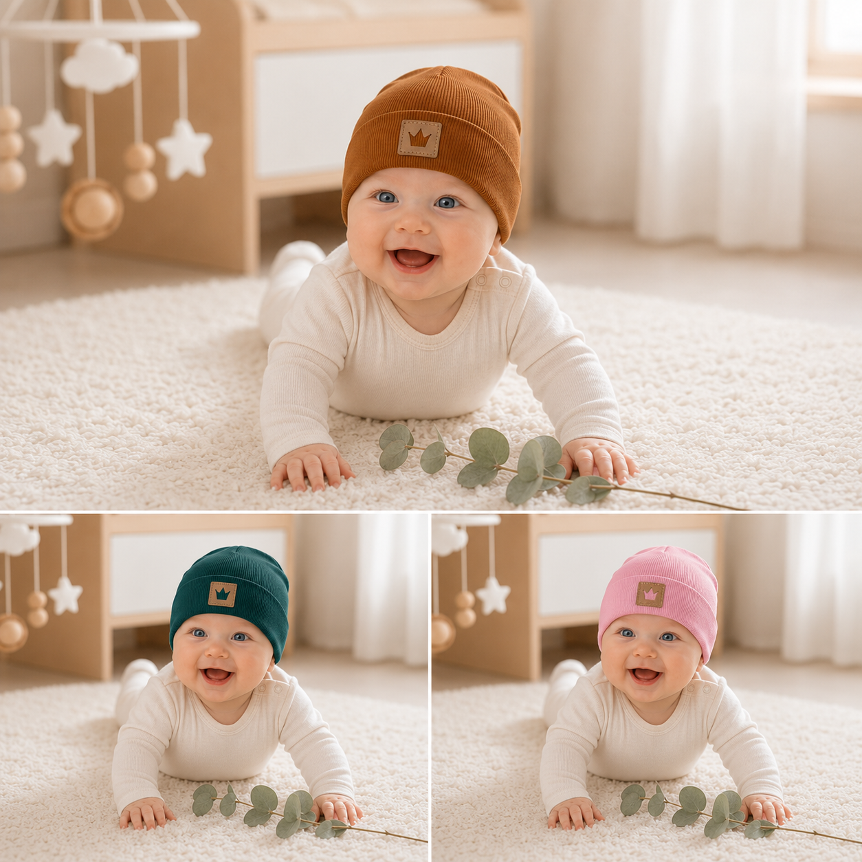 Baby trägt handgemachte Hipster Beanie Mütze – oben Rostbraun, unten links Tannengrün, unten rechts Rosa | OhMamaLina