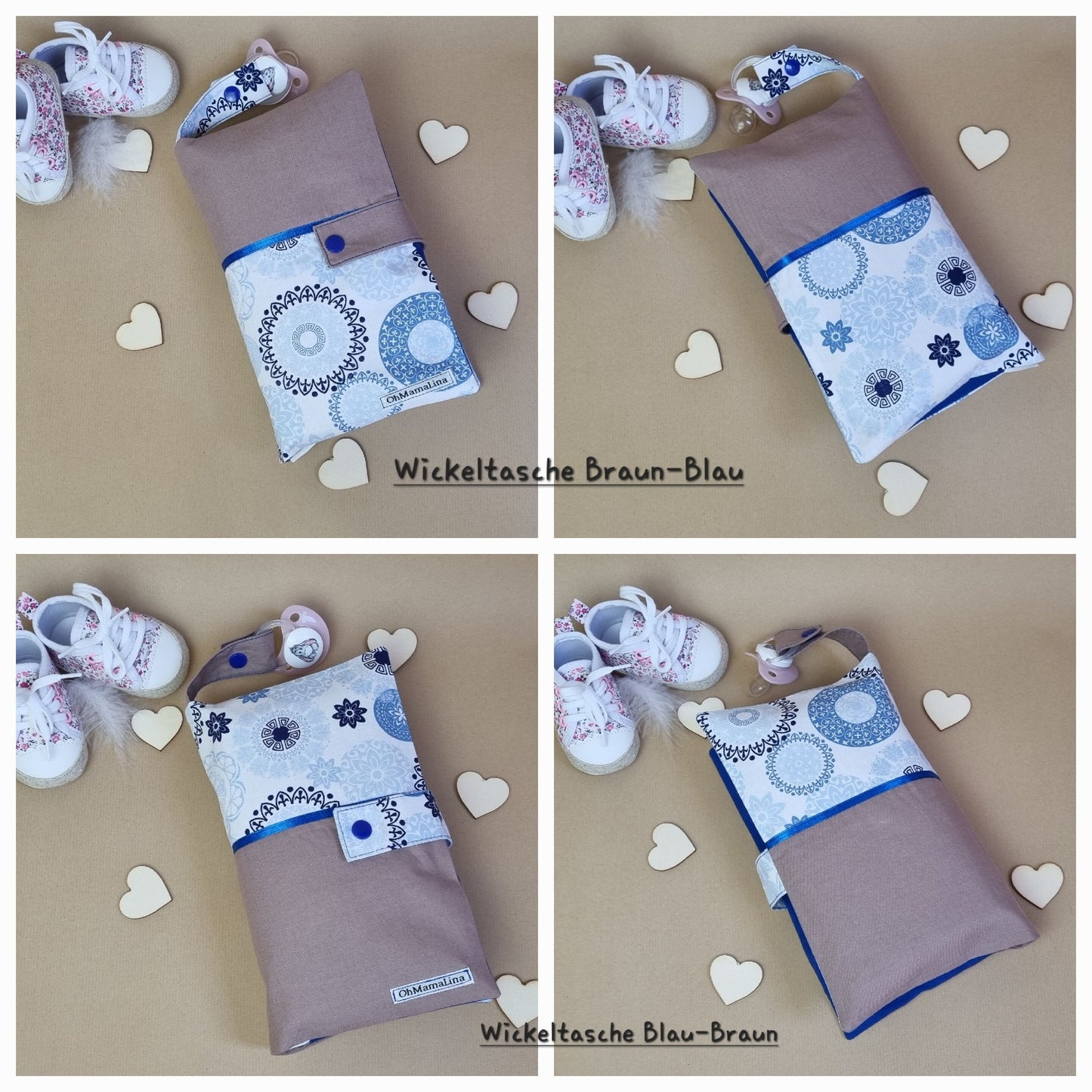 Handgemachte Windeltasche Braun & Weiß-Blau und Weiß-Blau & Braun – beide Farbvarianten geschlossen von beiden Seiten, mit Schnullerband Flatlay