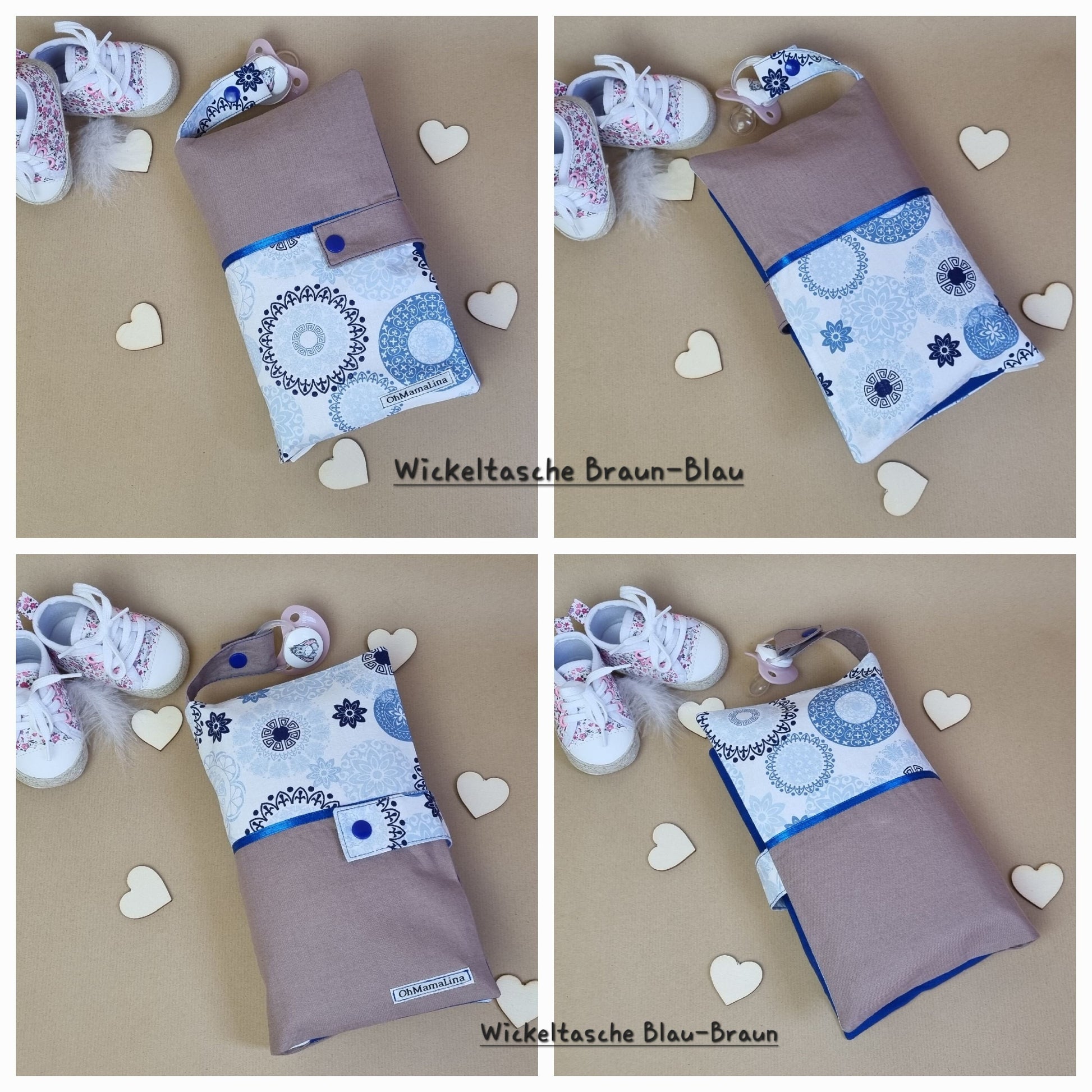 Handgemachte Windeltasche Braun & Weiß-Blau und Weiß-Blau & Braun – beide Farbvarianten geschlossen von beiden Seiten, mit Schnullerband Flatlay