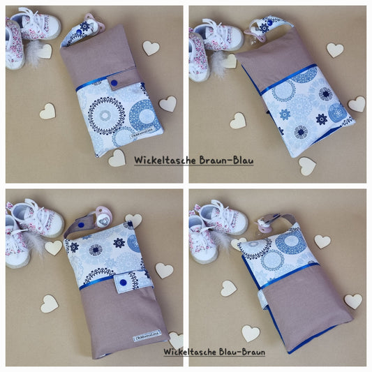 Handgemachte Windeltasche Braun & Weiß-Blau und Weiß-Blau & Braun – beide Farbvarianten geschlossen von beiden Seiten, mit Schnullerband Flatlay