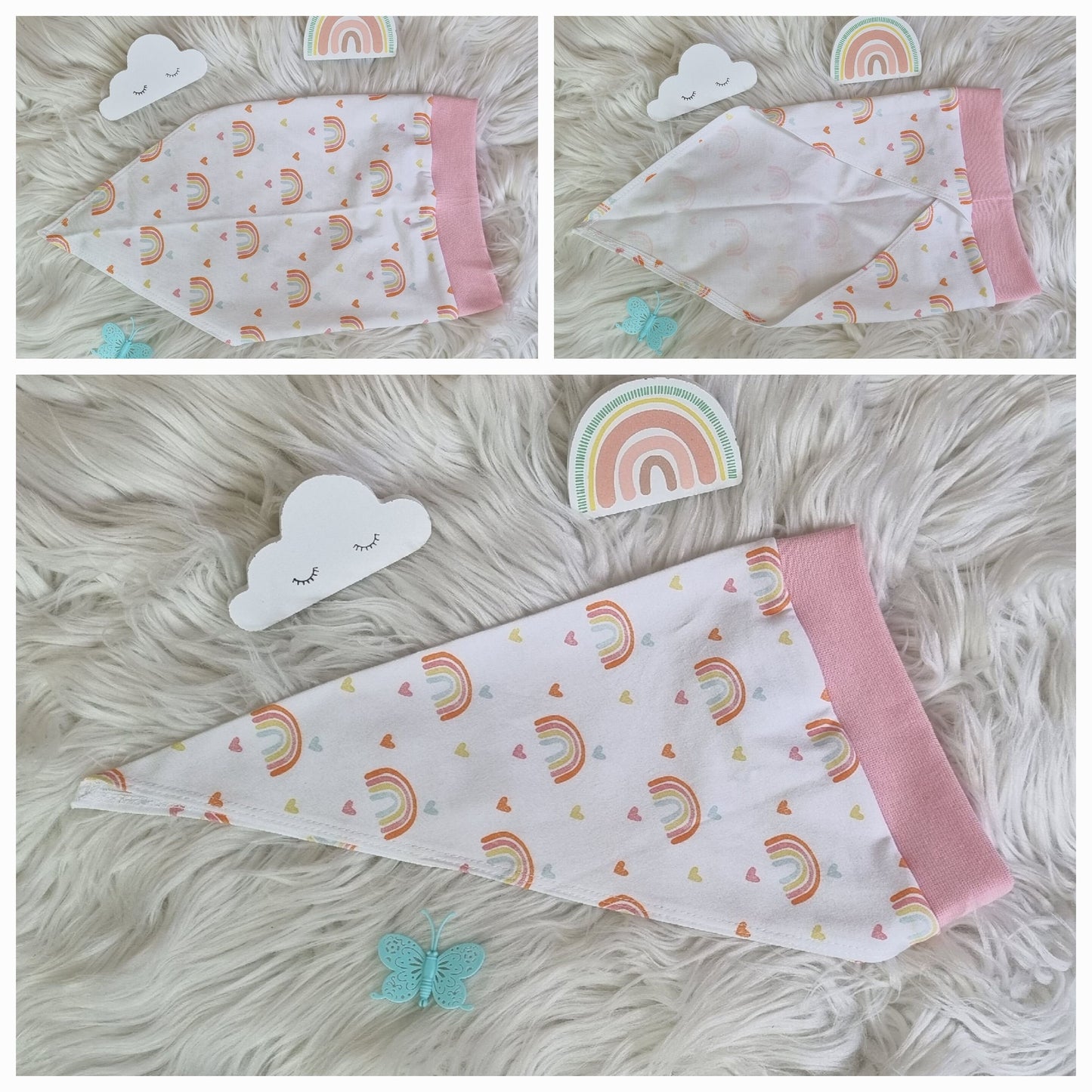 Handgemachtes Kinder Kopftuch Regenbogen rosa – Kollage: von oben ausgebreitet, Innenseite, Seitenansicht | OhMamaLina