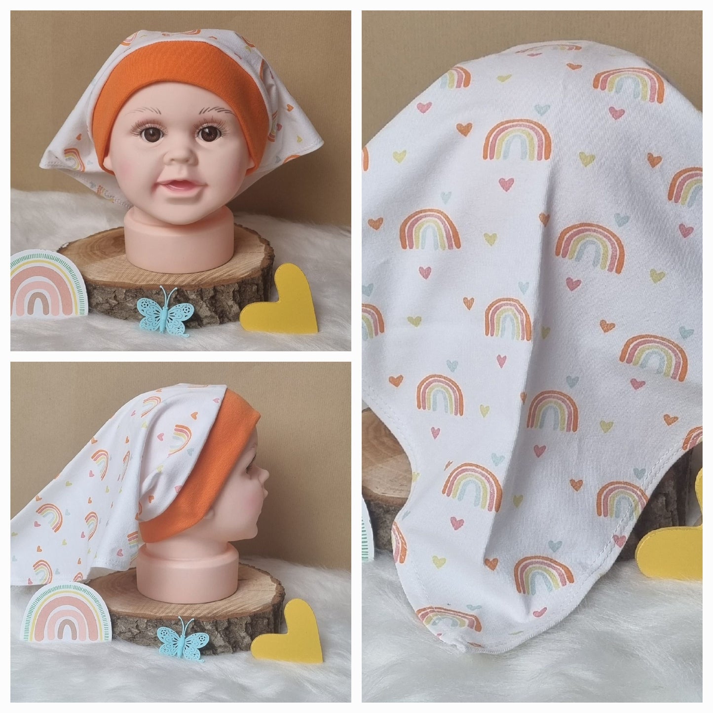 Handgemachtes Kinder Kopftuch mit Nackenschutz – Regenbogen orange | von allen Seiten OhMamaLina