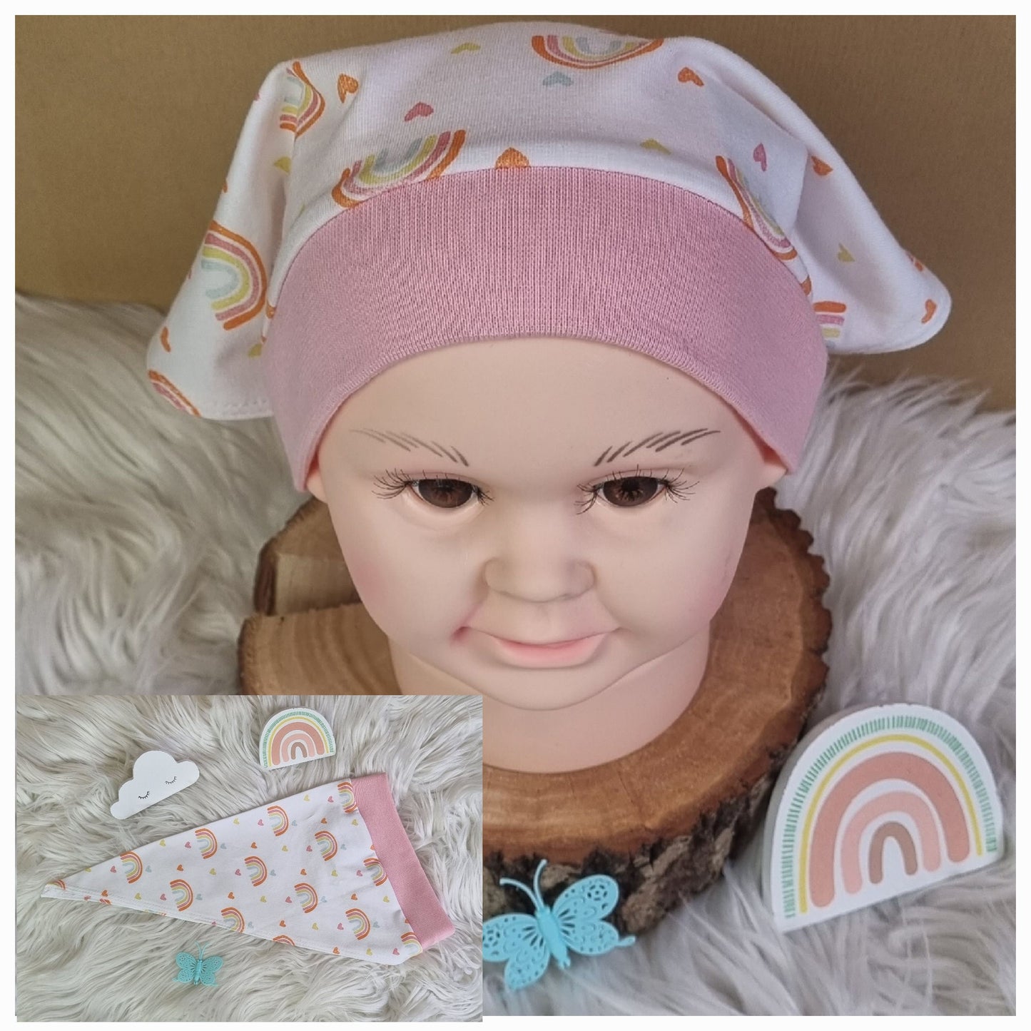 Handgemachtes Kinder Kopftuch Regenbogen rosa – Vorderansicht auf Puppenkopf & Seitenansicht | OhMamaLina