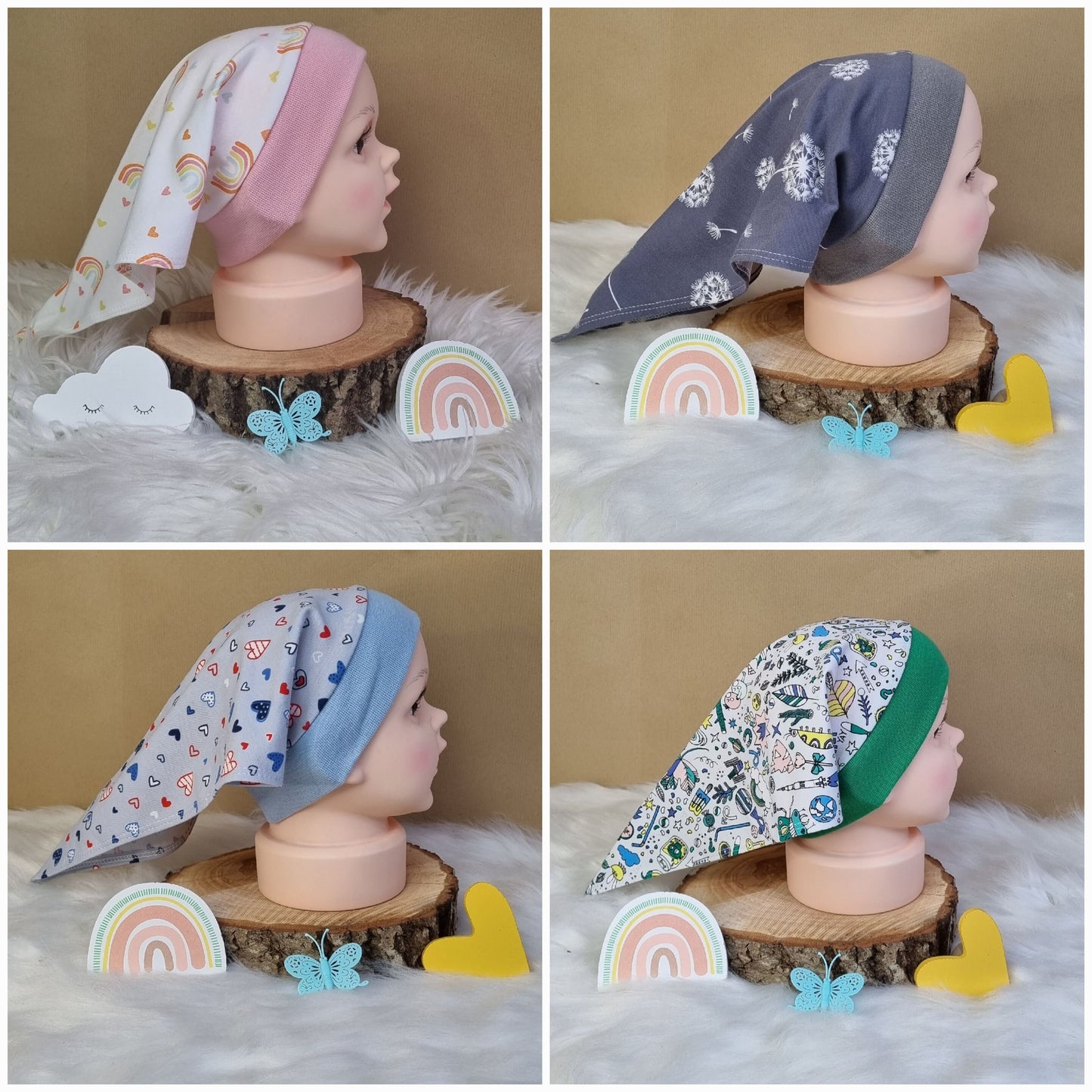 Handgemachtes Kinder Kopftuch mit Nackenschutz – Kollage alle 4 Muster: Regenbogen rosa, Pusteblume grau, Herzen blau, Buntes Muster grün | OhMamaLina